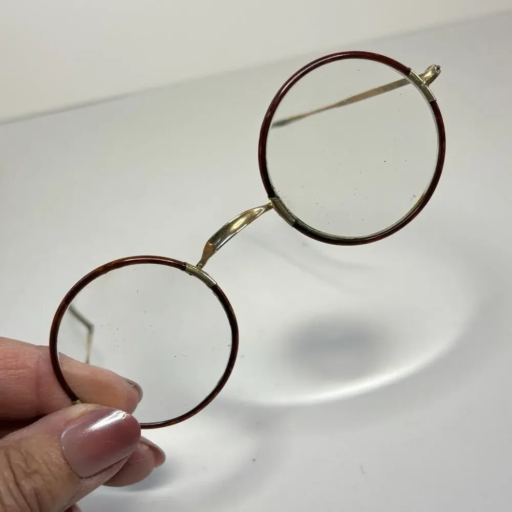 Antique 1/10 12K GF Horn Rim Eyeglasses Round Cable Temple Frames Case AS IS